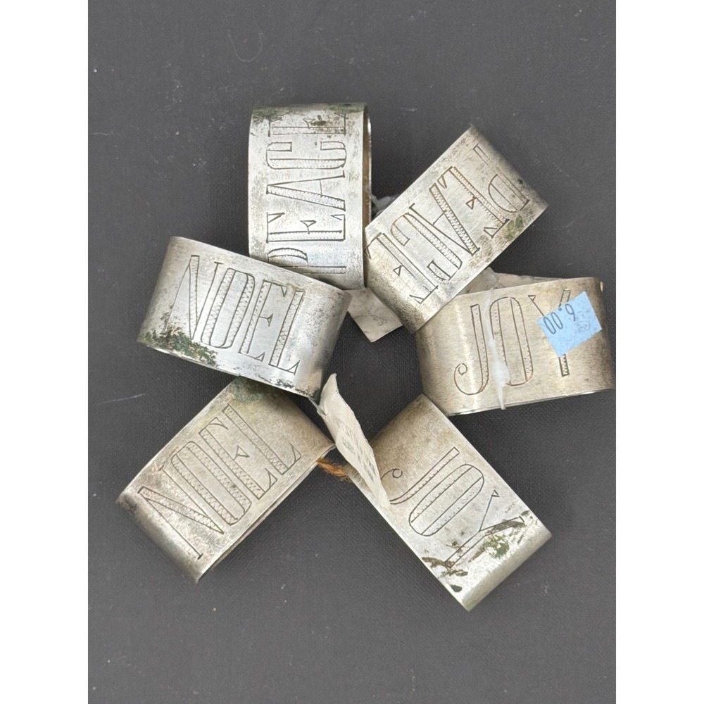 Vintage Christmas Napkin Rings Set of 6 Noel Joy Peace Silver Plated Metal India